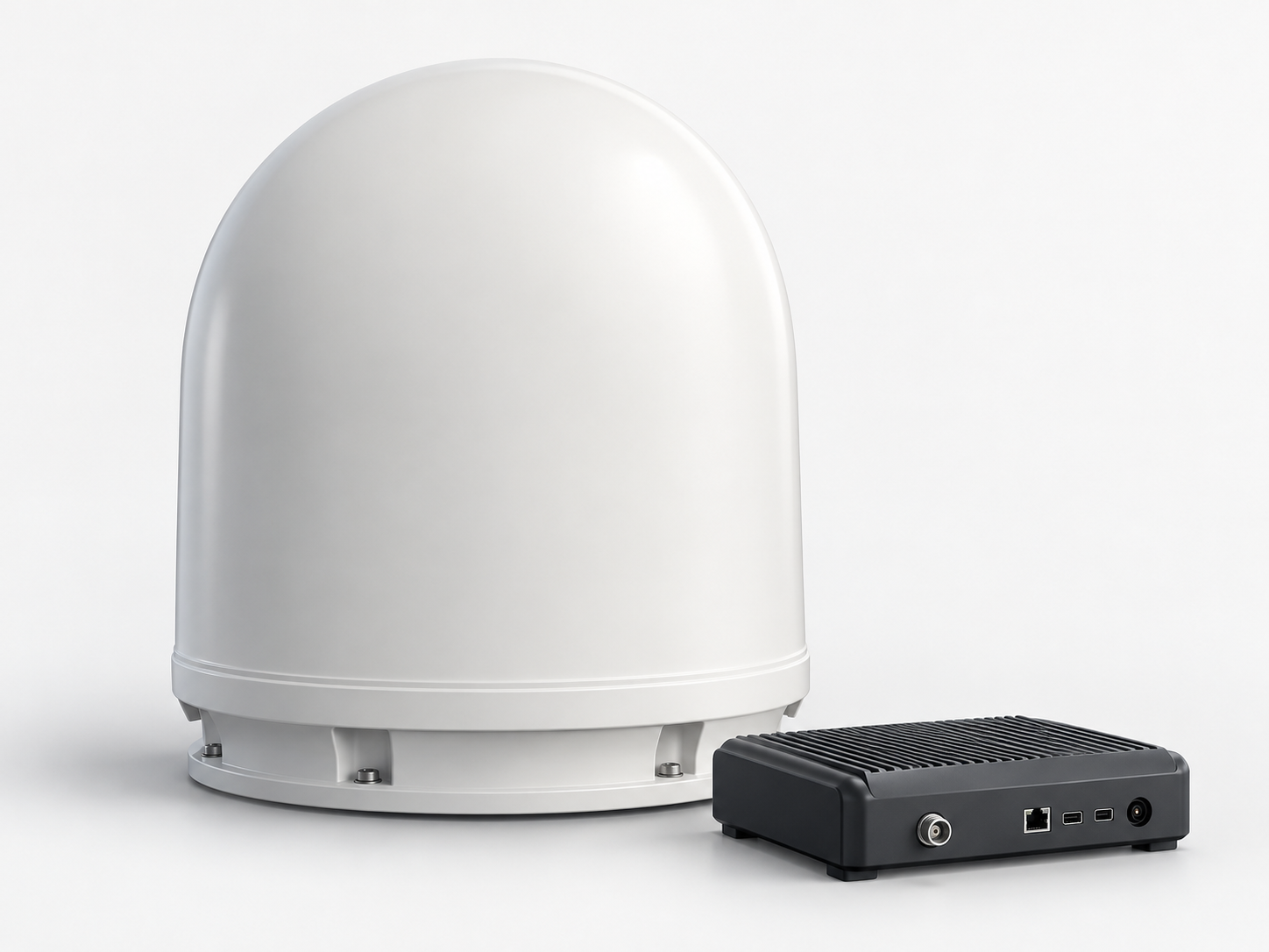 Artistic illustration of marine VSAT kit: antenna and modem